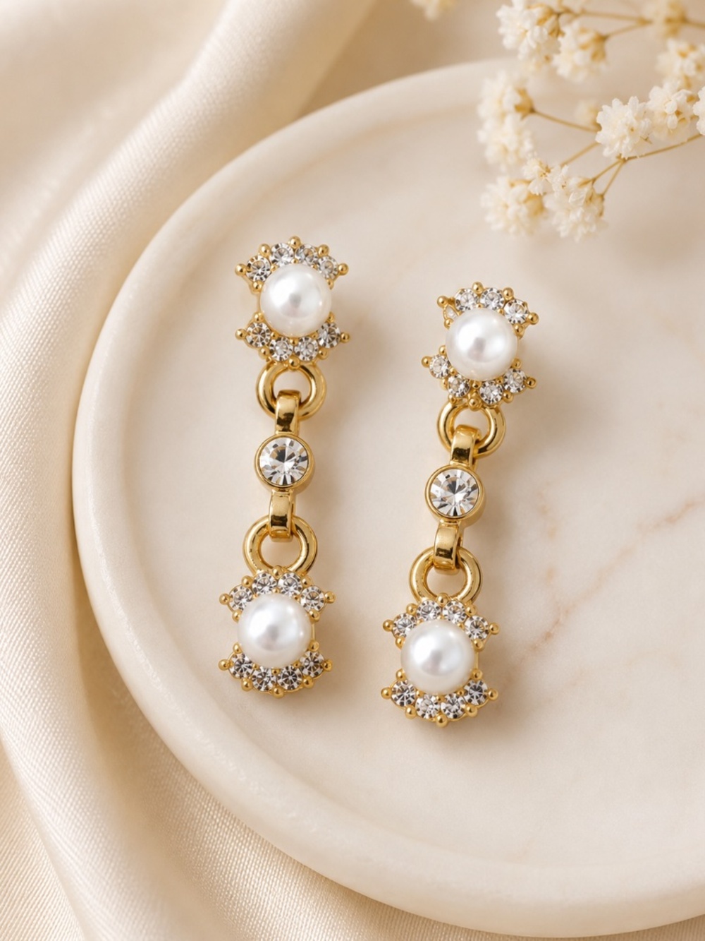 Gold Plated Faux Pearl Crystal Drop Earrings NWT
